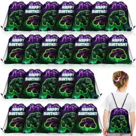 Yeyeplum 24 Pieces Monster Truck Party Drawstring Bags Kids Green Purple Trucks Birthday Party Gift Bag Grave Backpack Candy Goodie Favor Bags for Racing Car Party Decoration Supplies