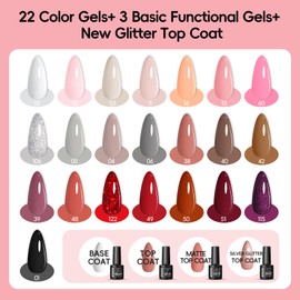 Peacecolor 39pc Gel Nail Polish Kit with U V Light, Pink Brown Nude Dark Red 22 Colors Gel Polish Kit with Base Top Coat Matte Glossy French Nail Art for Beginners Manicure DIY