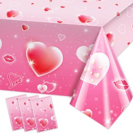 HOWAF 3pcs Valentine's Day Tablecloth, Valentines Disposable Plastic Table Cover for Happy Valentine's Day Party Decoration, Galentines Day Rectangle Waterproof Pink Love Heart Table Cloth,107’’x53’’