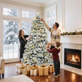 GOOBED 6 FT Pre-Lit Snow Flocked Christmas Tree with Remote, Artificial Hinged Canaan Fir Christmas Tree with 1225 Branch Tips, 260 Lights for Home Office, Holiday Decor, White Flocked