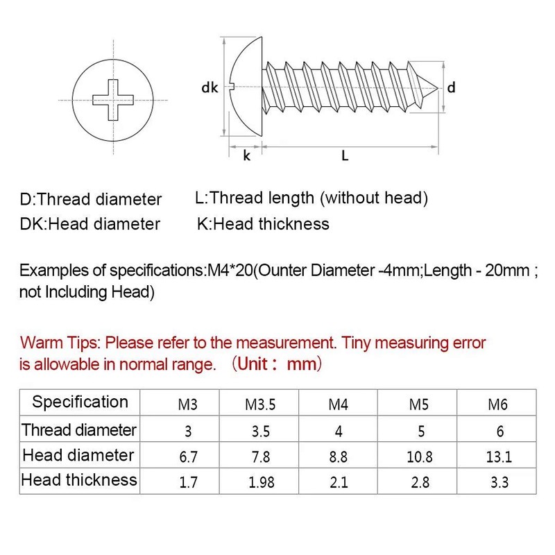 BOZONLI M4 Mushroom Head Self Tapping Screws Wood Screws Pan