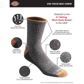 Dickies Men's Dri-tech Moisture Control 6-Pack Comfort Length Crew Socks, Comfort Length Tipped (6 Pairs), Shoe Size: 12-15, Comfort Length Tipped (6 Pairs), 12-15