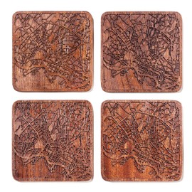 Oslo Map, Sapele Wood Coasters, Set of 4 with City Map, Multiple City Optional, Handmade