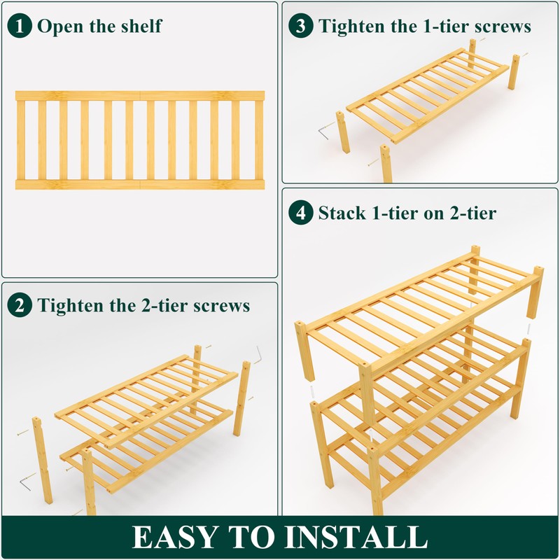 Smiry Shoe Rack, 3 Tier Bamboo Shoe Organizer, Stackable Free