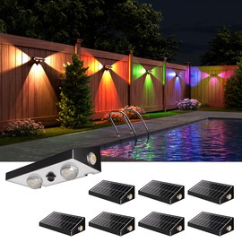 JACKYLED Solar Fence Lights, 3-Way RGBCW Lensed LED Fence Lights Solar Powered 10 Modes Multi-Color 50 Lumens Dusk to Dawn Auto ON/Off Outdoor IP65 Waterproof for Fence Garden Backyard Wall, 8-Pack