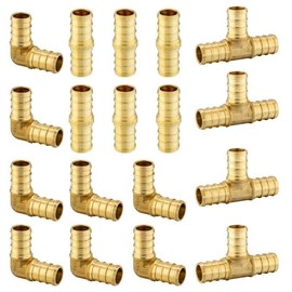 EFIELD 18 PCS Pex Barb Crimp Brass Fitting Combo: 1/2" 90 Degree Elbow (8PCS) & Straight Coupling 1/2" (6PCS), 1/2" Tee (4 PCS), (1/2 inch)