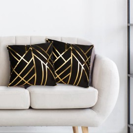 Betadistor Cushion Covers Black Velvet Sofa Cushion Gold Line Throw Pillow Covers 18 x 18 Inch Geometric Modern Cushion case for Bed Living Rooms Sofa Couch Car Decor Pack of 2, Gold Line, 523-0501