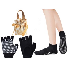 Homrap Exercise Pilatest Yoga Gloves and Non SlipSocks Set for Women Home Gym Sport with Organizer Bag (Black)