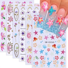 CharmBurst 6 Stück Nagelsticker Blumen Sommer, 3D Selbstklebende Nagelaufkleber Hawaii Design Mit Seepferdchen & Hibiskus, Nail Stickers Zubehör Nageldesign