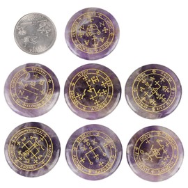 mookaitedecor 7pcs Amethyst Crystals Healing Crystal Grid Set with Engraved Magic Archangel Sigils Symbols for Meditation Pocket Worry Palm Stones Spiritual Crystal Set Witchcraft Witch Gifts Decor