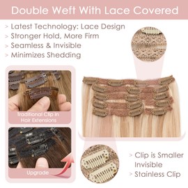 Silk-co Clip in Hair Extensions Real Human Hair Remy Double Weft With Lace Coverd Clip in Silky Straight Natural Thick Hair Seamless 7pcs 16Clips 120g 18Inch #18P613 Ash Blonde&Bleach Blonde