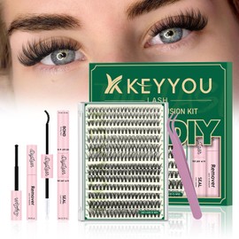 DIY Lash Extension Kit KEYYOU LASH 280Pcs Individual Eyelash Extension Kit 30D40D D Curl 9-16MIX Lash Clusters with Glue Remover Applicator Easy to Use for Beginners(Kit-30D40D-D-9-16MIX)