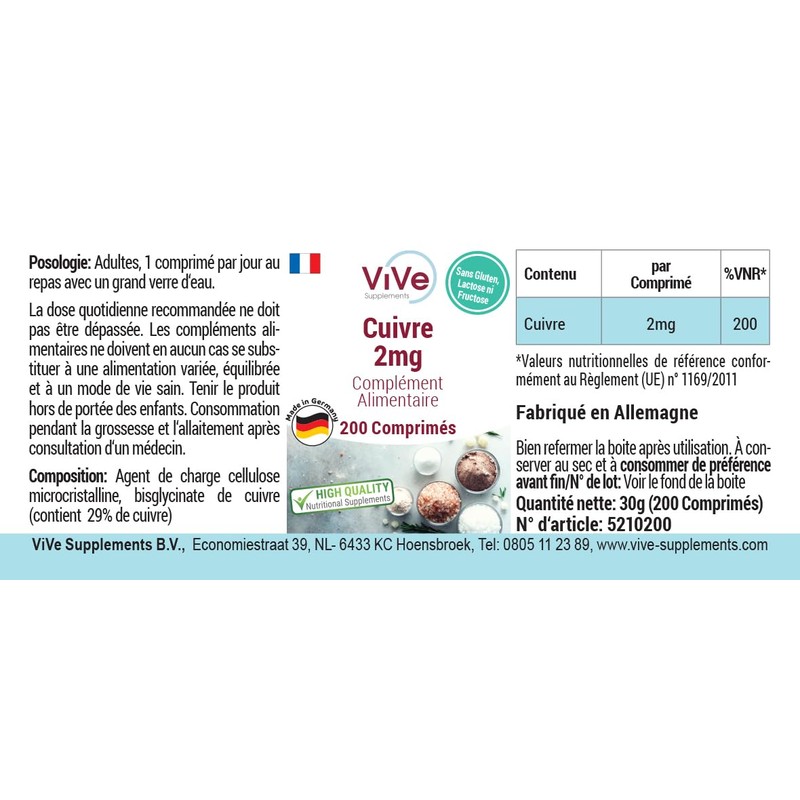 Kupfer 2mg - 200 Tabletten - Kupferbisglycinat - Hochdosiert -