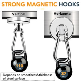 MIKEDE Strong Magnetic Hooks Heavy Duty, 110LBS+ Swivel Magnetic Hooks Neodymium Magnets with Carabiner Hook, Magnets with Hooks for Hanging, Magnet Hooks for Curtain, Home, Workplace - 6 Pack