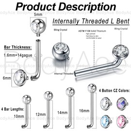 BodyAce F136 Titanium Christina Piercings Barbell 14G Internal Thread Vertical Hood Belly Button Piercings L Curved VCH Ring Christina Barbells Belly Button Jewellery, Cubic Zirconia Titanium