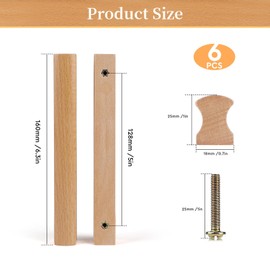 SWAWIS Pack of 6 Wooden Furniture Handles, 128 mm Wooden Handles, Kitchen Cabinets, Drawer Handles Wood with Screws, Door Handle, Strip-Shaped, Cabinet Handle Wood for Cupboards, Drawers, Furniture,