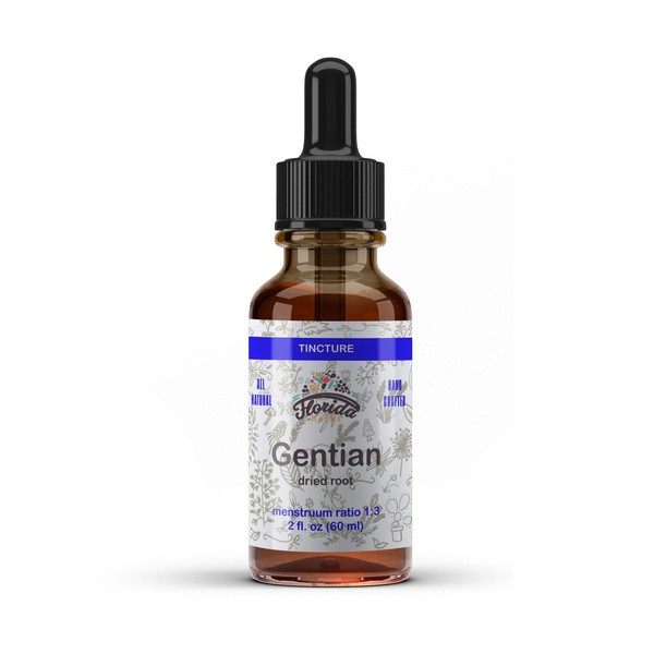 FLORIDA HERBS Gentian Liquid Extract, Organic Gentian (Gentiana Lutea) Dried Root Herbal Supplement, Non-GMO in Cold-Pressed Organic Vegetable Glycerin 700 mg, 2 oz (60 ml)