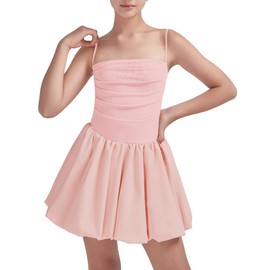 EXARUS Girls Ruched Puffy Bubble Cute Dress Teen Adjustable Spaghetti Strap Mini Dresses Casual Homecoming Summer Cami for Pink 10 Years