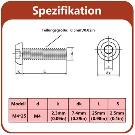 M4 x 25 mm Rounded Head Screws with Hexagon Socket 304 Stainless Steel Black Oxide Full Thread Flat Head Screws (Pack of 100)