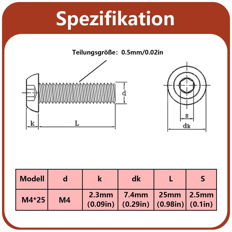 M4 x 25 mm Rounded Head Screws with Hexagon Socket