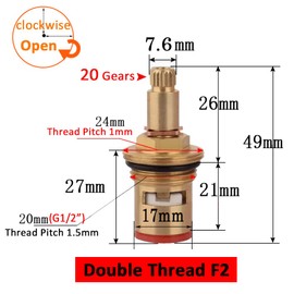 Faucet Ceramic Cartridge Valve, G1/2" Brass Tap Ceramic Disc Cartridges Replacement for Hot Cold Water (Type F2- H49mm)
