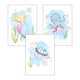 WBdesignz Children's Room Poster Girls Baby Room Pictures Set of 3 Mermaid Turtle Octopus (DIN A4, without Frame)