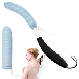KkaFFe 15.35" Back Bath Brush with Sponge,Back Scrubber Bath Mesh with Curved Long Handle Bath Body Brush for Elderly Aid Bathing and Shower
