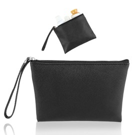 COMNICO Small Makeup Bag for Purse Organizer, PU Leather Travel Make up Pouch Women Vintage Mini Zipper Cosmetic Bag Clutch Coin Purse Lipstick Holder Travel Stuff Bags (Black)