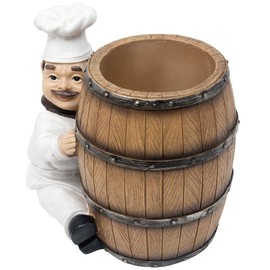 French Chef Pierre Decorative Countertop Utensil Holder Crock with Faux Wood Wine Barrel Display Stand Table Statue for Country Cottage Decor & Gourmet Kitchen Decorations As Housewarming Gifts