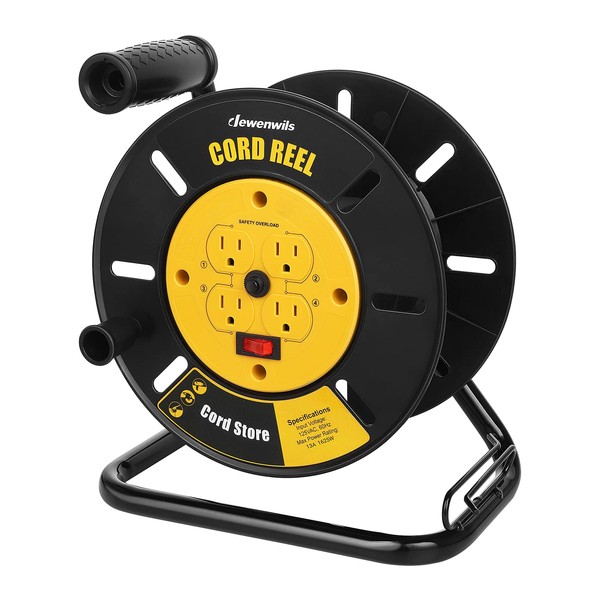 DEWENWILS Extension Cord Storage Reel with 4-Grounded Outlets, Heavy Duty Open Cord Reel for 12/3,14/3,16/3 Gauge Power Cord, Hand Wind Retractable, 13A Circuit Breaker, Yellow, ETL Listed