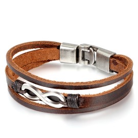 Flongo Men's Womens Vintage Infinity Symbol Retro Brown Leather Strap Cuff Bracelet, 8.1 inch