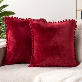 PAVILIA Burgundy Red Throw Pillow Covers with Pom Pom 20x20 Set of 2, Decorative Pillow Cases for Bedroom Aesthetic, Small Throw Pillows Set for Bed, Velvet Euro Plush Cushion Covers for Sofa Couch