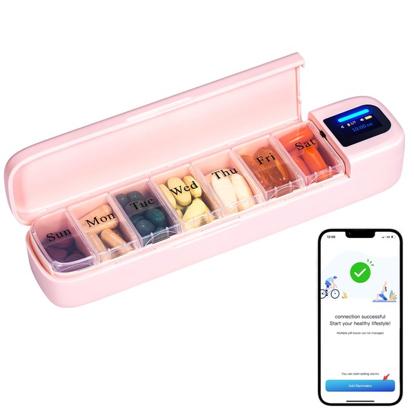 Weekly Smart Pill Organizer with APP, Portable Daily Pill Box 7 Day with Sound Alarm and Light Remind, Pretty Travel Pill Case, Pill Dispenser with Medication Record (Pink)
