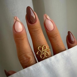 MISUD Press on Nails Almond Medium Fake Nails Glossy Glue on Nails Fall Brown Acrylic Nails Stiletto Artificial Nails Gold Swirl Stick on False Nails with Design 24 pcs