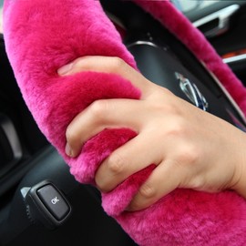 Fluffy Fur Wool Sheepskin Car Steering Wheel Cover for Woman Universal Auto Fuzzy Steering Wheel 14 1/2 inch-15 1/2inch Protector, Comforting Luxurious Soft (Magenta)