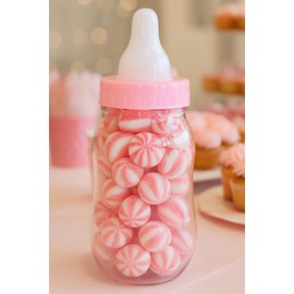 Plastic Baby Bottle Bank 11" Jumbo Pink – Fillable Baby Shower Decoration, Guess How Many Game Jar, Gender Reveal Centerpiece, Party Favor Holder for Candy, Goodies or Notes (Filled with Favors)