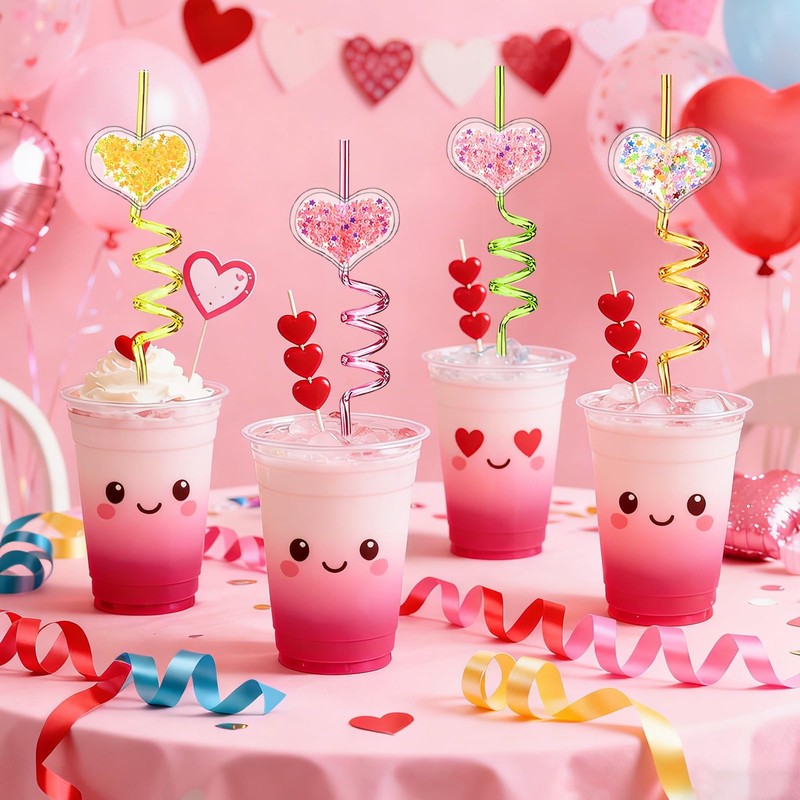 24 Reusable Glitter Heart Drinking Straws,Bachelorette Children's Day Decor