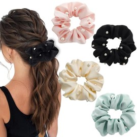Jewemia Scrunchies for Women Pearl Hair Scrunchie Cute Ponytail Holder Party Rave Hair Accessories for Women and Girls 4Pcs (Black+Green+Beige+Pink)