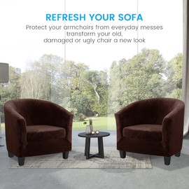 MIFXIN 2 Pieces Velvet Tub Chair Covers with Cushion Cover Stretch Soft Removable Tub Chair Slipcovers Armchair Sofa Couch Furniture Protector for Living Room Club Bar Counter Hotel (Brown)