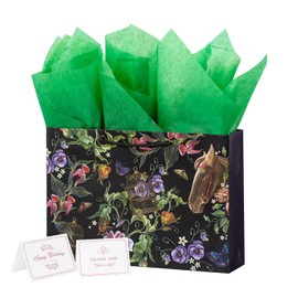 ysmile Black Gift Bag with Wrapping Paper for Women Men 12.6" - Garden Horse Flower