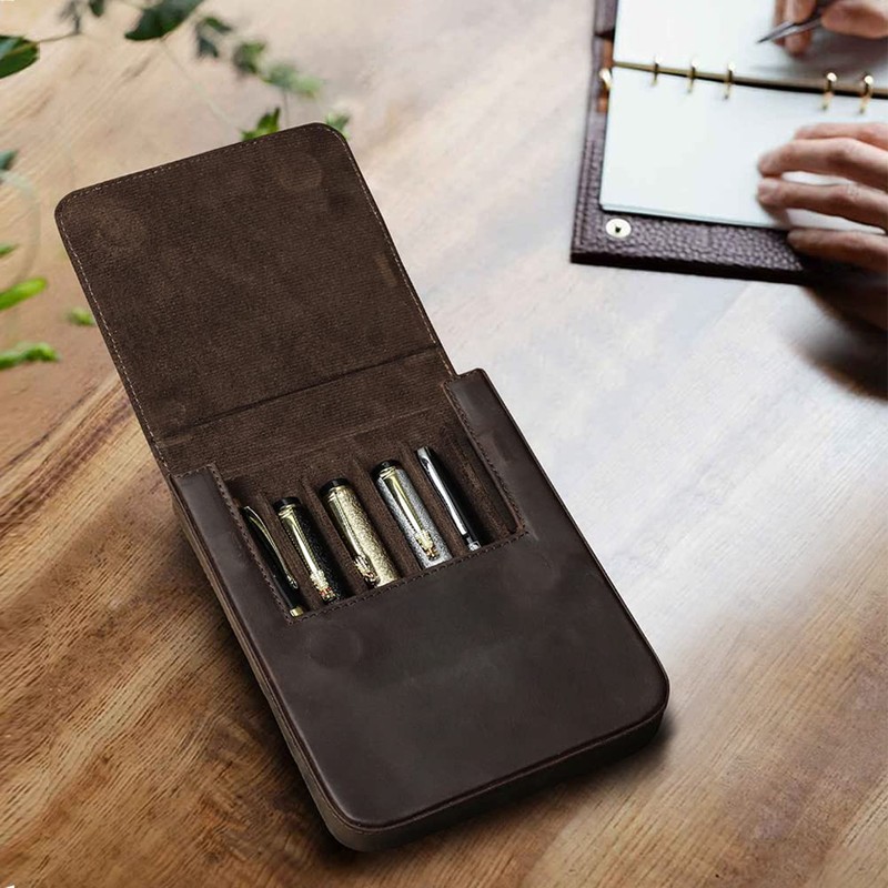 Hiram Brown Crazy Horse Leather Magnetic Split Design Pen Storage