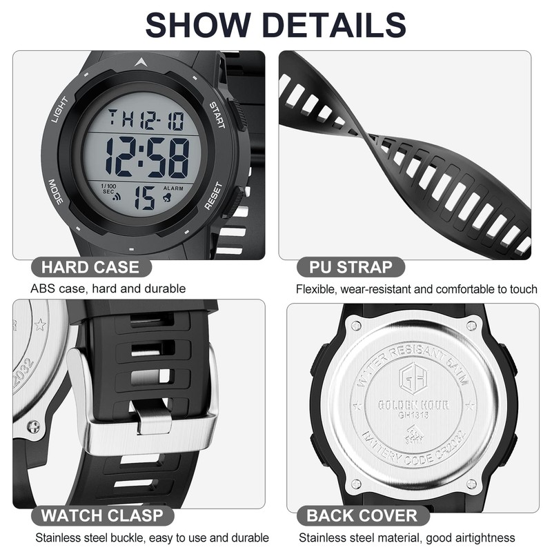 GOLDEN HOUR Mens Waterproof Digital Sport Watches Wide Screen Easy