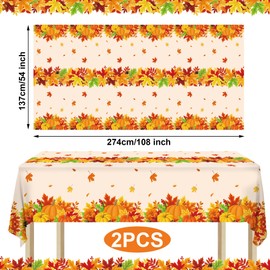2 Pack Fall Thanksgiving Tablecloth Pumpkin Maple Leaves Plastic Tablecloth Disposable Autumn Leaves Rectangle Table Covers Decorations for Fall Harvest Thanksgiving Holiday Party Kitchen 54" x 108"