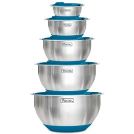 Viking Mixing Bowls Set, 10 Piece Stainless Steel Kitchen Cookware, Non-Slip Silicone Base, Includes Tight Fit Lids, Dishwasher Safe, Teal
