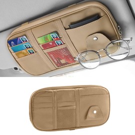 Couslcd Car Sun Visor Organizer, Multi-Pocket PU Leather Sunglass Holder and Storage Pocket with Net Zipper, Card Sleeve Pocket Organizer, Auto Interior Accessories for Vehicle, Truck, SUV (Beige)