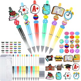 Liplustoyi 12 Pieces Beadable Pens Bulk with Colorful Silicone Beads for DIY Pen Making Kit Smooth Writing Beaded Pen for Women Kids Students Office School(School-Teacher)