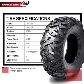 WANDA 26X8-14 UTV ATV Tires 6 Ply 26x8x14 Bighorn Style -Set 2-10183