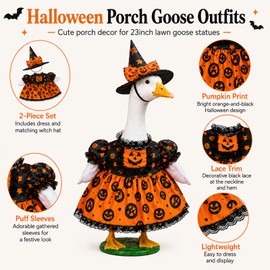 Halloween Porch Goose Outfits for 23 Inch Porch Goose Statue, Pumpkin Print Lace Dress with Witch Hat, Fall Lawn Goose Outfit Front Door Holiday Decor