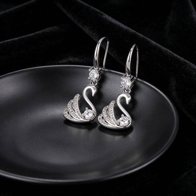 Sterling Silver Swan Drop Dangle Earrings for Women - Hypoallergenic