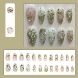 24Pcs Flower Press on Nails Pink Green Medium Almond Fake Nails With 3D Pearl Diamond Design Butterfly Pattern Gold French Tips Acrylic Nails False Nails White Floral Full Cover Stick on Nails